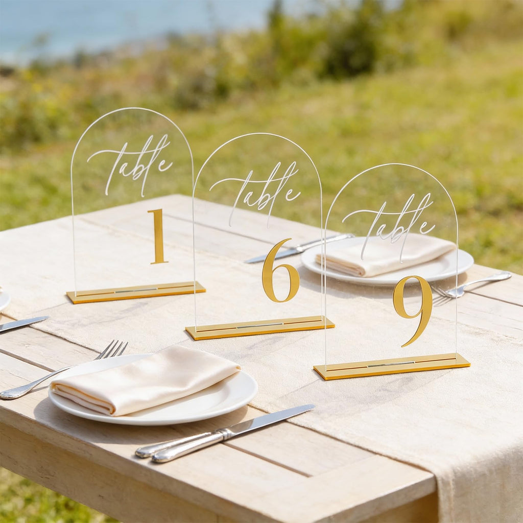 12Pcs Arch Wedding Table Numbers 1-12 with Stands, 5.5" X 7.2" Gold Table Numbers Elegant Clear Acrylic Tables Number with Golden Text for Wedding Reception, Anniversary, Banquet, and Event Decor