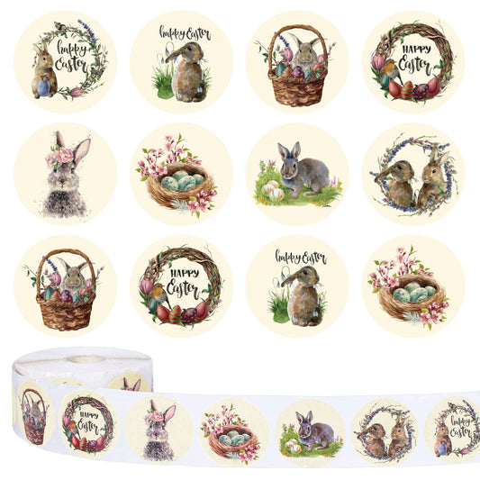 Whaline 1000Pcs Easter Stickers Roll Watercolor Rustic Bunny Round Stickers Rabbit Egg Pattern Label Self-Adhesive Stickers for Easter Holiday Party Boxes Cards Seal Envelopes, 8 Design