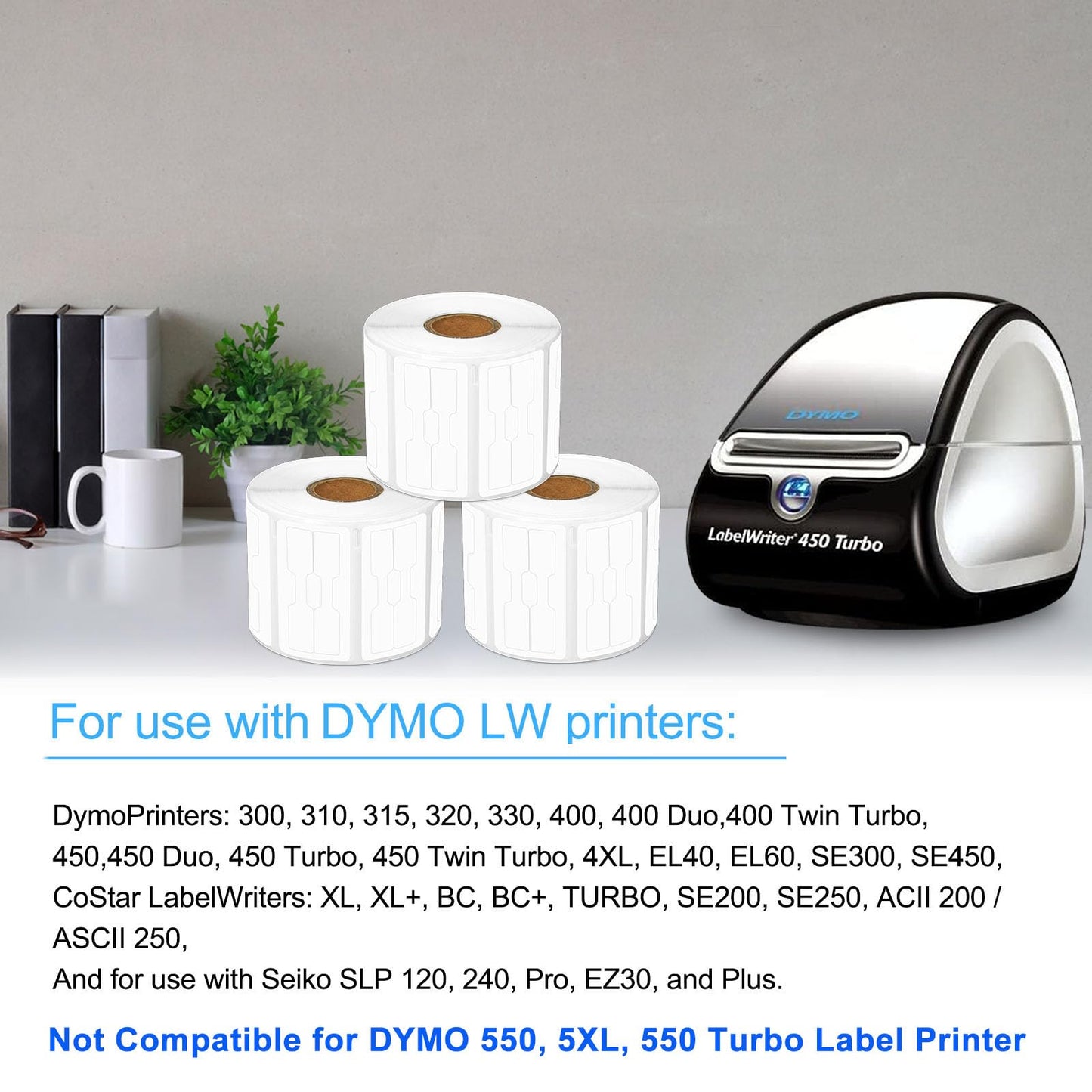 [2 Roll, 1500 Labels/Roll] Compatible for Dymo 30299 3/8" x 3/4" White Self-Adhesive Barbell Style Jewelry/Price Tag Labels for LabelWriter 300 310 450 Duo 4XL Printer [NOT FIT 550 & 5XL] 2