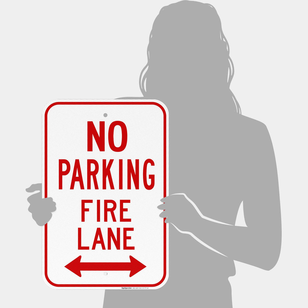 No Parking Fire Lane Bidirectional Arrow Sign, Aluminum 12x18 Reflective