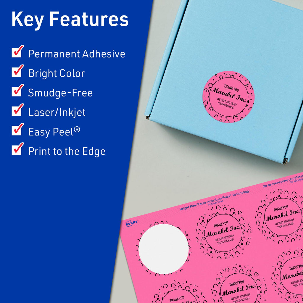 Avery Printable Round Labels, Sure Feed Technology, 1-2/3" Diameter, Bright Pink Labels, Print-to-The-Edge, Laser/Inkjet Printable, 400 Total, Great for Stickers and Candles 400 Labels