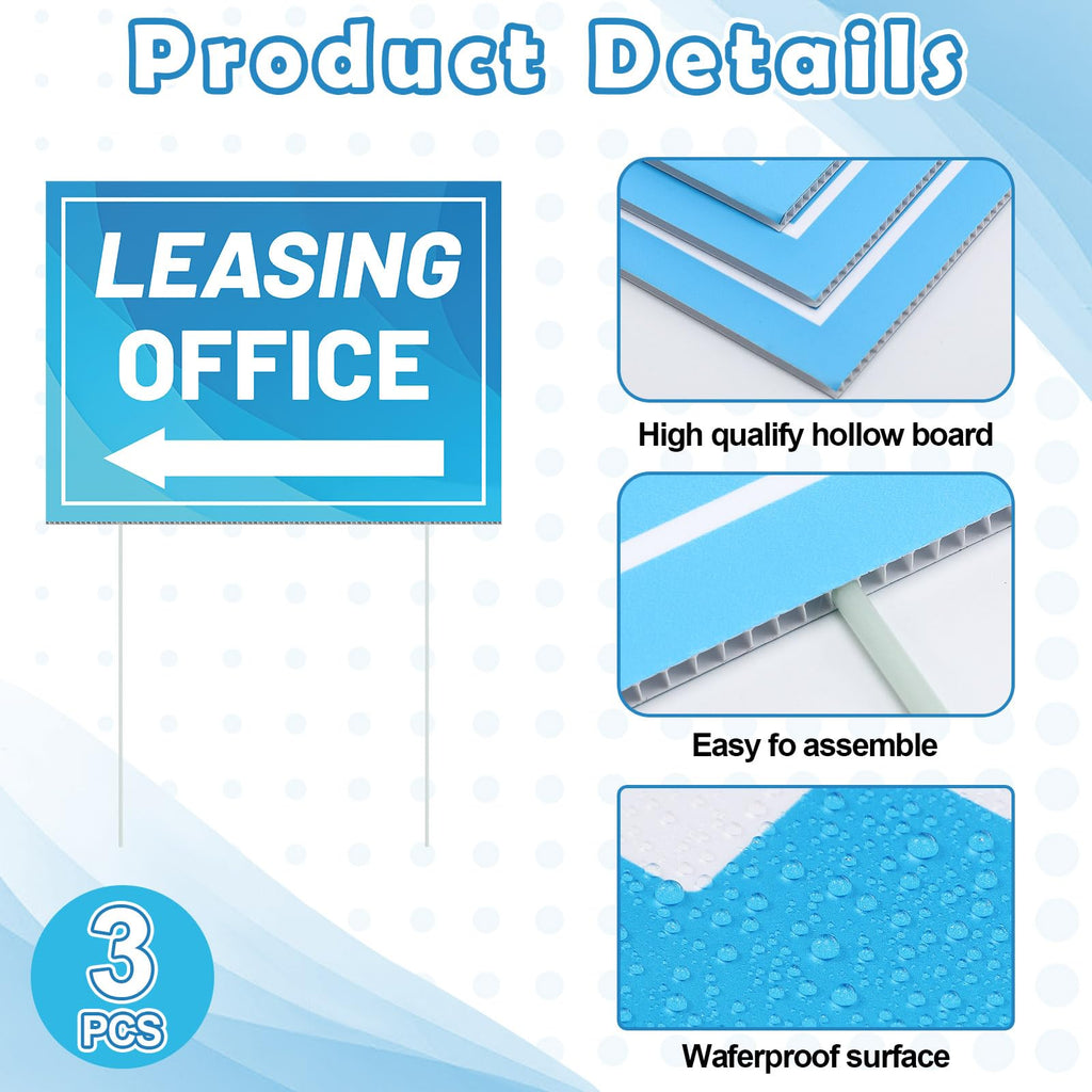 Ripeng 3 Pcs Leasing Double Sided Yard Signs with Arrow 16 x 12 Inch Yard Signs with Stakes for Outdoor Office Retail Store Restaurant Bar Hotel(Leasing Office) Leasing Office