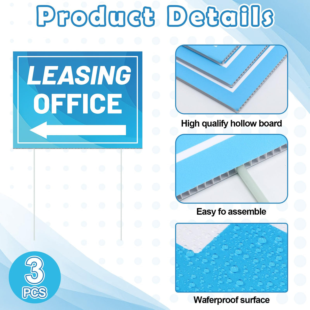 Ripeng 3 Pcs Leasing Double Sided Yard Signs with Arrow 16 x 12 Inch Yard Signs with Stakes for Outdoor Office Retail Store Restaurant Bar Hotel(Leasing Office) Leasing Office