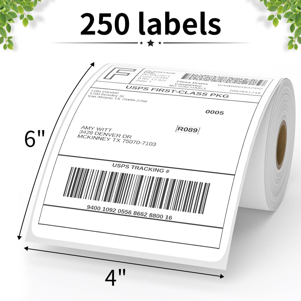 FungLam 4"X6" Thermal Shipping Labels, 4X6 Labels,White Mailing Shipping Labels, Perforated, 250 Labels,Compatible with iDPRT, JADENS and Rollo. 1 Roll