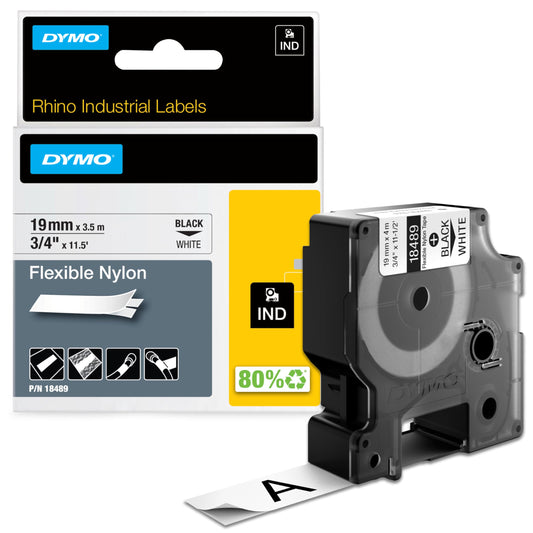 DYMO Rhino Industrial Flexible Nylon Labels, 3/4" x 11.5', Black Print on White Tape 3/4" (19MM) Black on White