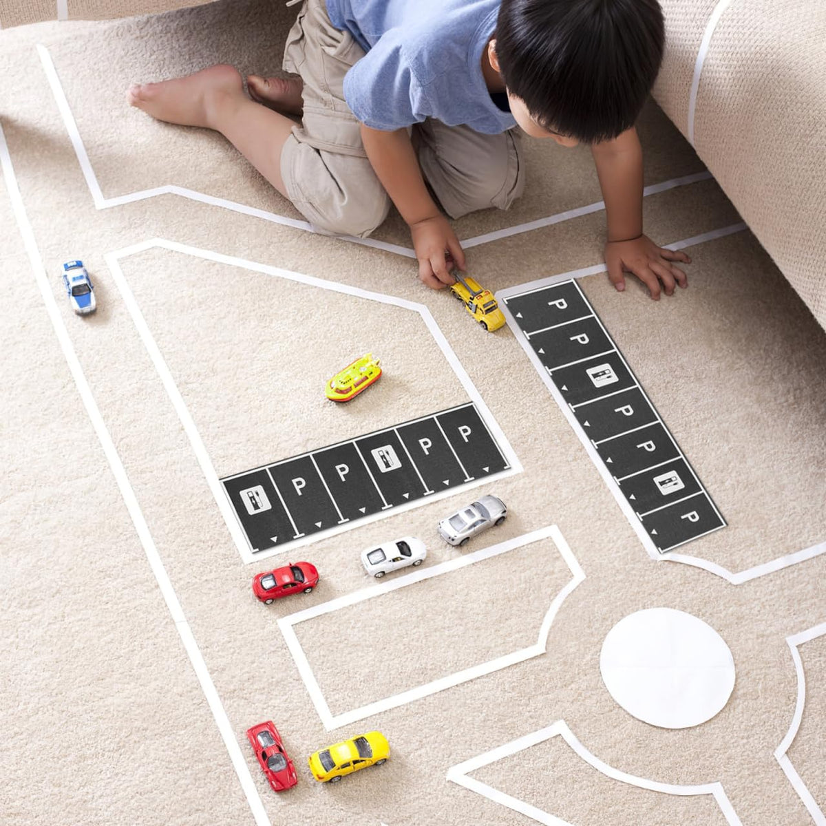 jojofuny Miniature Parking Lot Tape 1 Roll Adhesive Parking Space Tape for Kids DIY Micro Lot Design Prop Includes Traffic Signs and Road Markings Enhances Creativity and Family Interaction