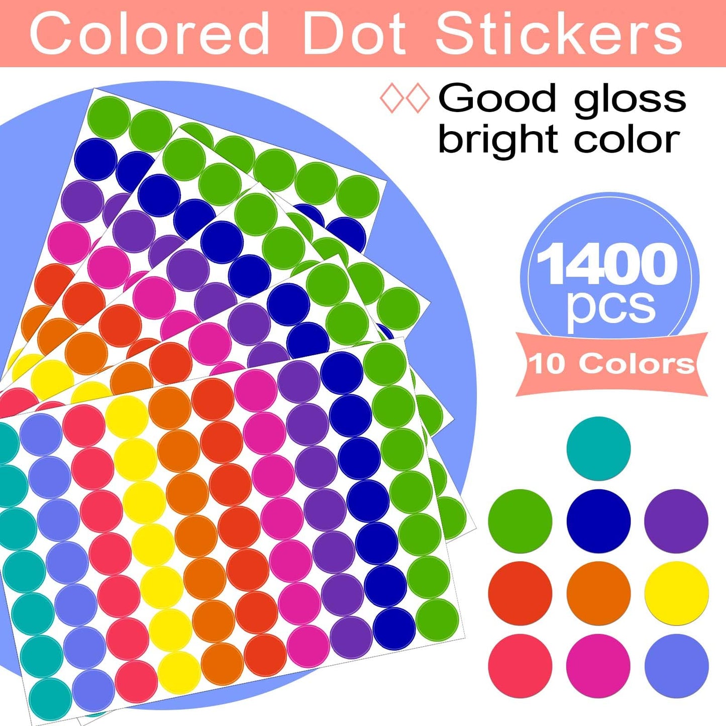 1400 PCS Colored Dot Stickers Round Color Coding Labels Circle Dots Labels Price Stickers Polka Circle Dot Stickers Label Sticker for Office, Classroom, Papers Etc 10 Color/1400pcs 3/4 INCH