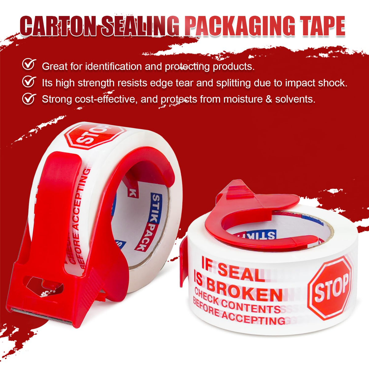 2 Pack Stop Sign Sealing Tape Pre-Printed IF Seal is Broken Check Contents Before Accepting Heavy Duty Packing Tape with Dispenser 2 Inch x 110 Yards, Total 220Y for Moving and Shipping