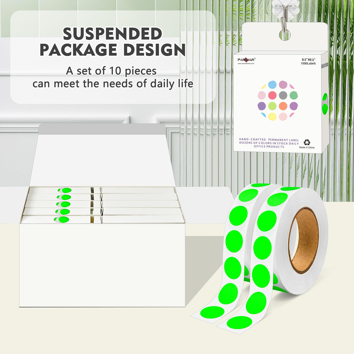 10000Pcs Fluorescent Green Dot Stickers, 1/2" Round Circle Label Permanent 10 Rolls-10000PCS