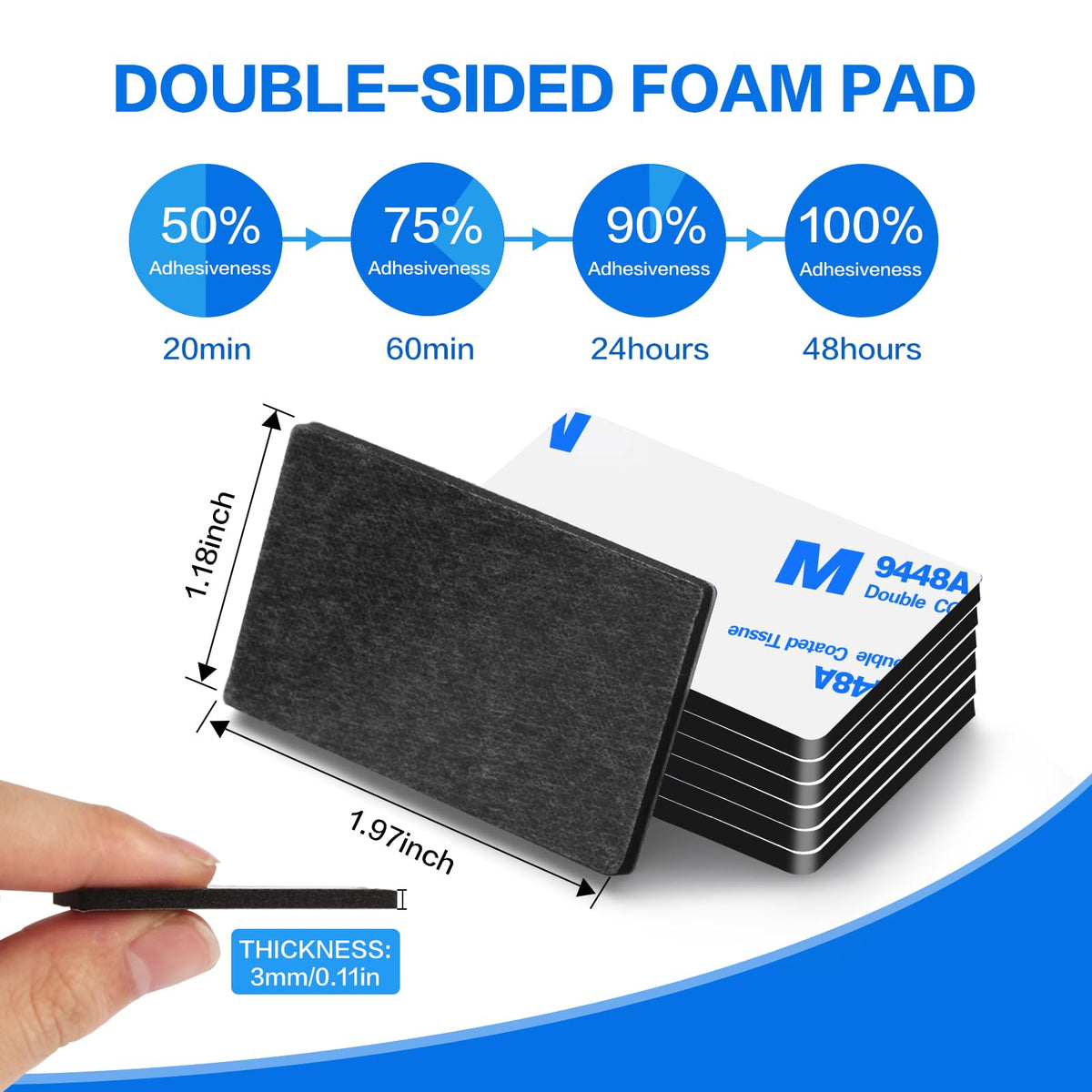 100 Pcs Double Sided Adhesive Pads,Heavy Duty Mounting Tape, 3mm Thickness Pre-Cut Foam Tape,Super-Sticky Black Strong Pads Rectangle Shape Waterproof for Walls Picture, Car, Home, Office 1.97x1.18 100