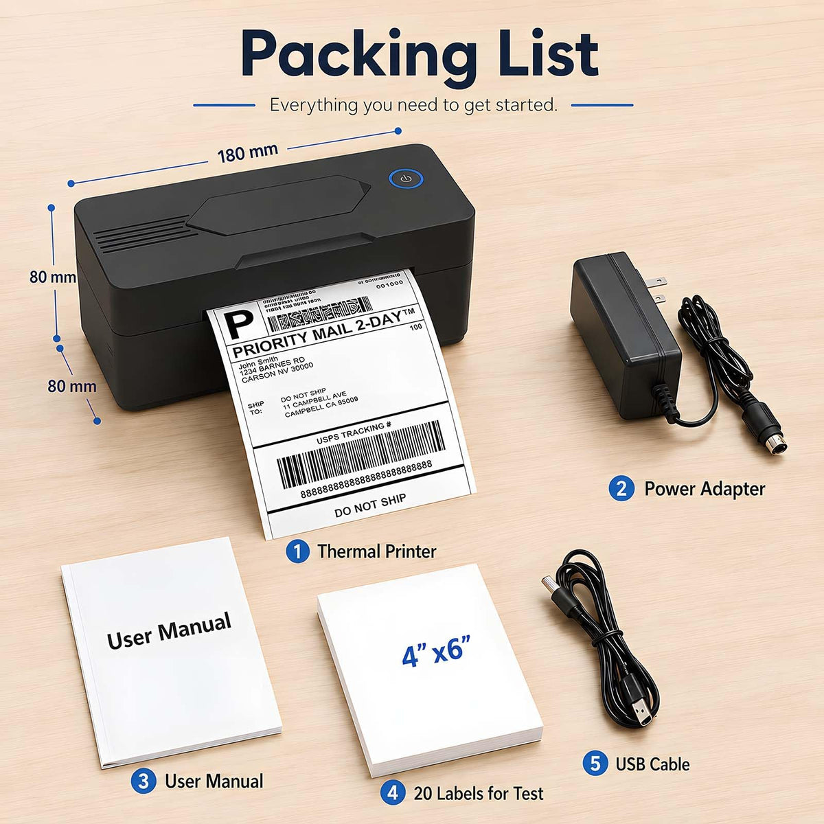 Bluetooth Thermal Shipping Label Printer, 4x6, Black