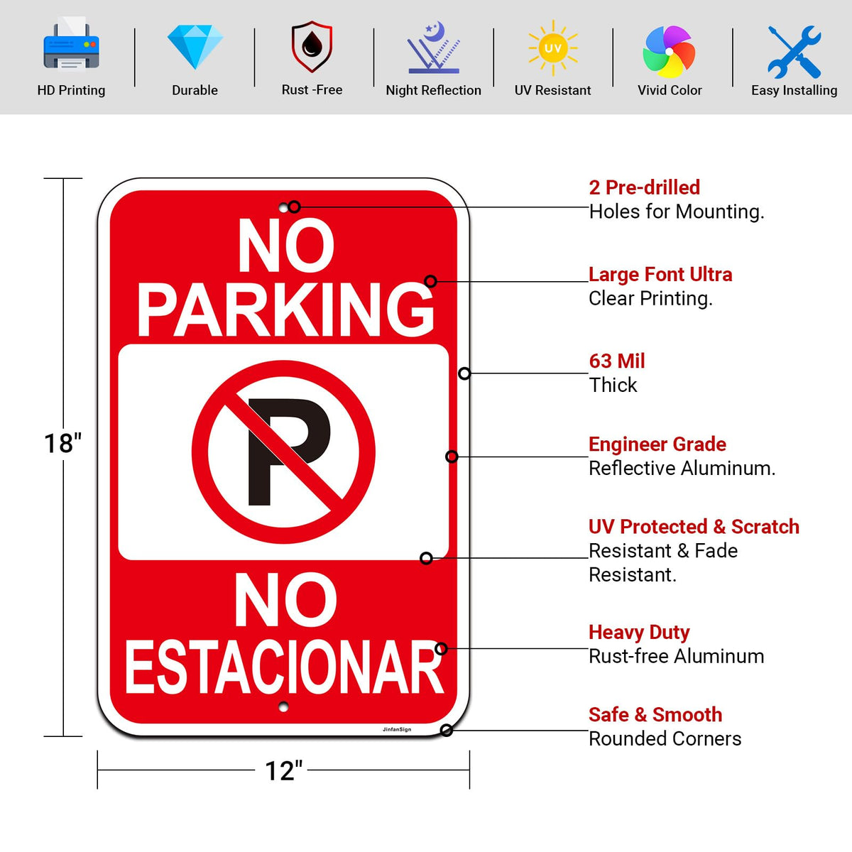 2 PC No Parking English Spanish Bilingual Signs, No Parking Sign Business