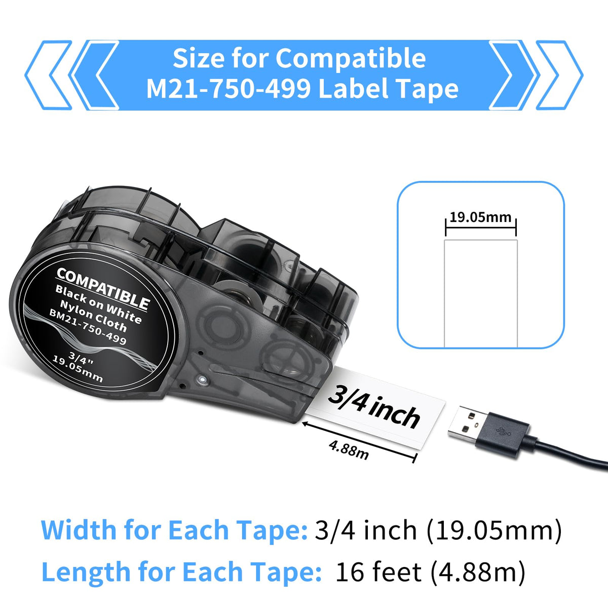 Labelife Compatible Label Tape Replacement for M21-750-499 Black on White Nylon Cloth 3/4 Inch Label Tape, for Wire and Cable, Work with M210-, M211-, BMP21 Plus, BMP21 LAB Printer, 0.75 Inch, 4-Pack