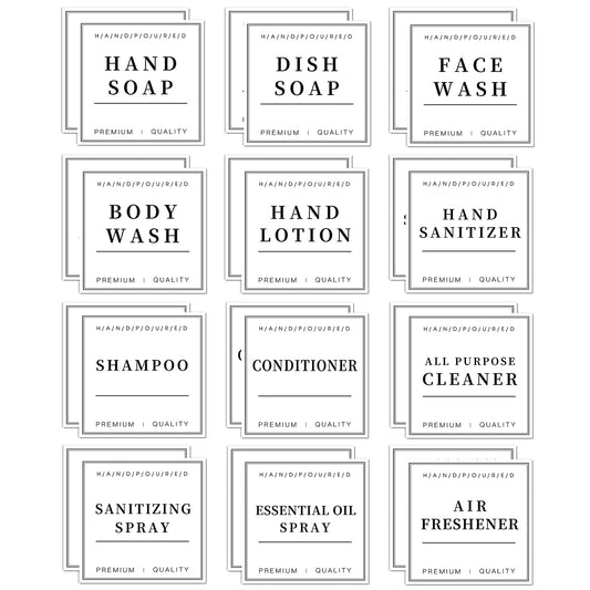 24 PCS White Waterproof Labels for Bottles, Shampoo and Conditioner Dispenser Label Stickers, Bathroom Hand Soap Label Stickers,Removable Cleaning Labels for Glass/Plastic Spray Bottle