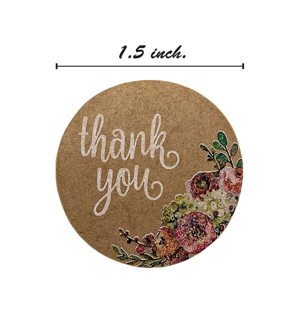Brown Kraft Floral Thank You Stickers / 1000 Thanks Flowers Labels Roll / 1.5" Round Envelope Seals/Made in The USA Brown