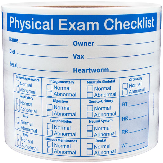 Physical Exam Checklist Veterinary Labels 3 x 4 Inch 100 Total Stickers