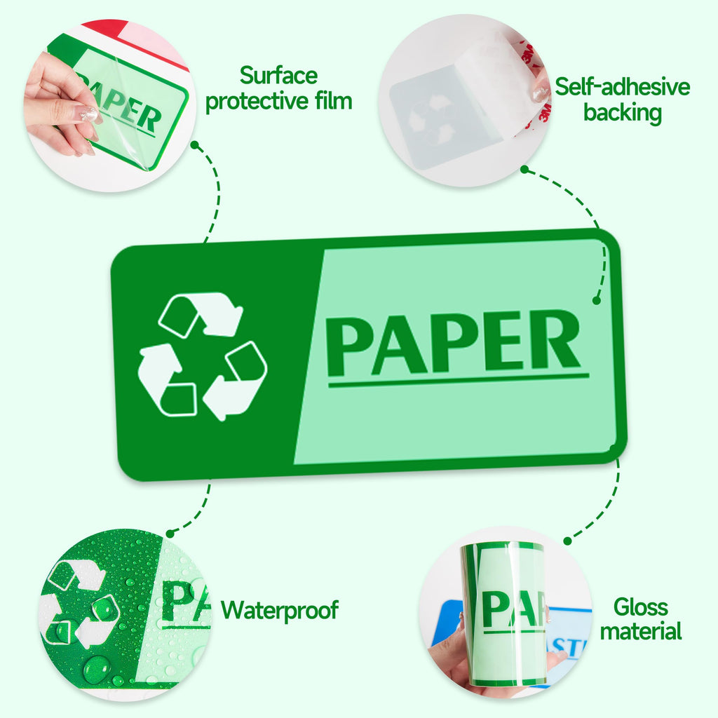 Set of 4 waterproof, fade-resistant recycle stickers for trash bins, ideal for home, office, and public recycling signs.