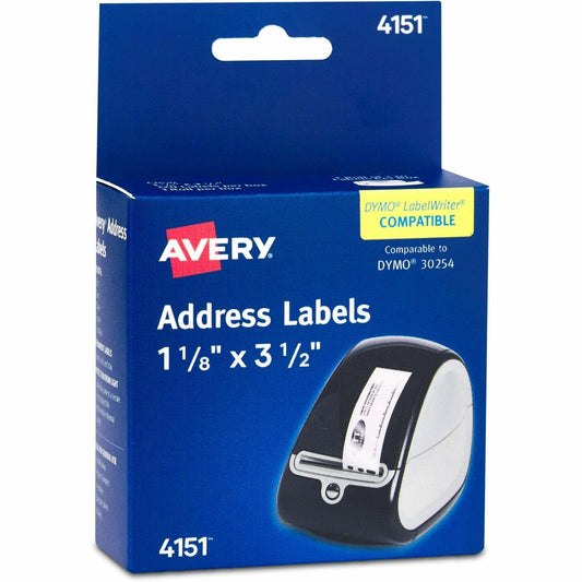 Avery Direct Thermal Address Labels, 1-1/8" x 3-1/2", Clear, Comparable to DYMO 30254, 1 Roll of Labels, 120 Printable Labels Total (4151)