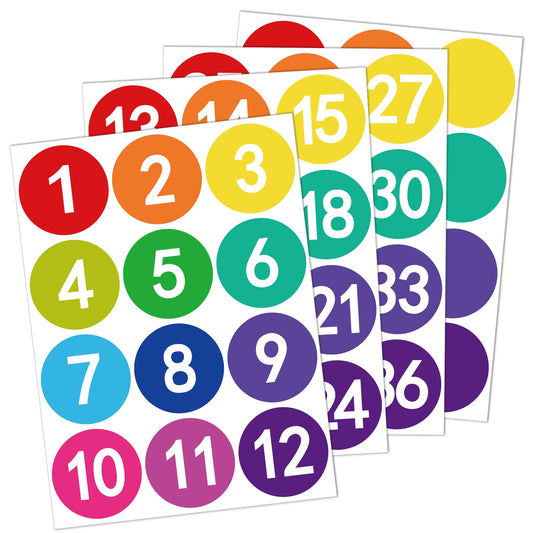 144Pcs 1-36 Numbers Stickers 3" Consecutive Number Labels Colorful Self Adhesive Decal for School, Classroom, Office, Storage, Organizing Rainbow Color
