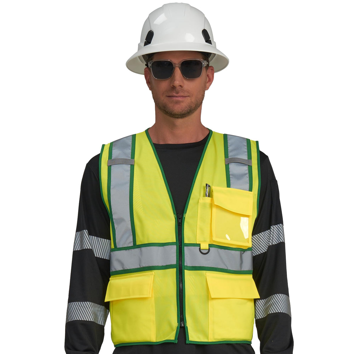 AYKRM High Visibility Safety Vest - Reflective Work Vest with 5 Reinforced Pockets 6-8XL Green