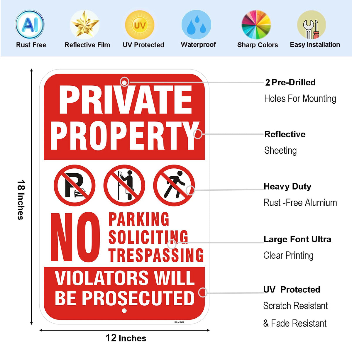2 Pack Private Property No Trespassing Signs - 18x12 Inch No Parking No Soliciting Reflective with Violators Be Prosecuted Warning, Rust-Free Aluminum Weatherproof UV Protected for Yard, Driveway
