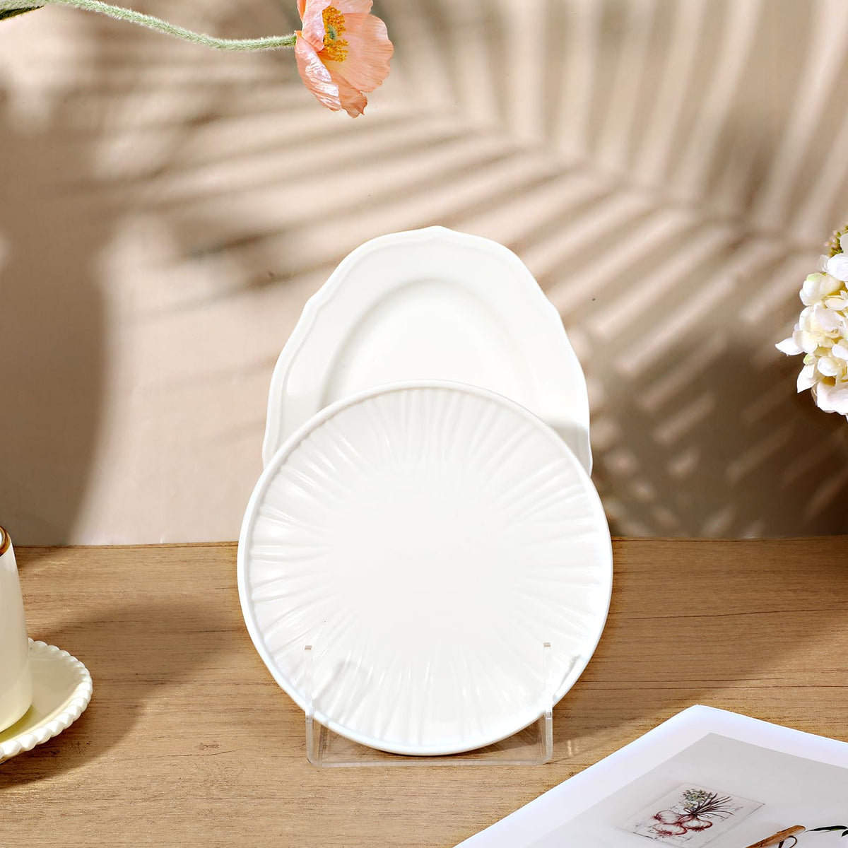 6 Pcs Plate Dinnerware Display Stand, 2-Tier China Platters Holder, Acrylic Plate Stands for Display Clear Kitchen Cabinet Organizer