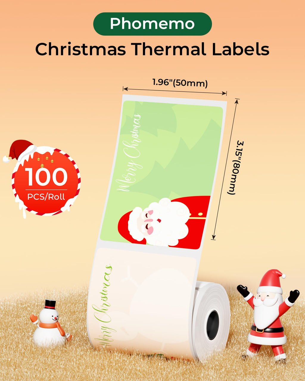 Phomemo White Thermal Labels with 3 Patterns(Santa/Tree/Reindeer) Labels