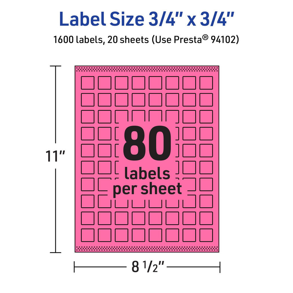 Avery® Printable Square Labels, Sure Feed® Technology, 3/4" x 3/4", Bright Pink Labels, Print-to-the-Edge, Laser/Inkjet, 1,600 Total, Great for Stickers and Mailing Seals 1,600 labels