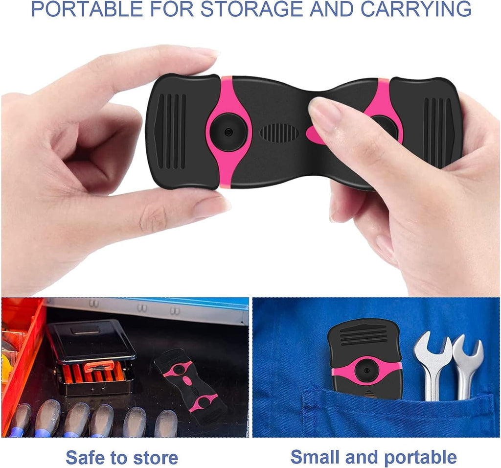 Pink DEKEones razor blade scraper with double-edged blades for glass, decals, paint, and adhesive removal, shown with 10 blades.