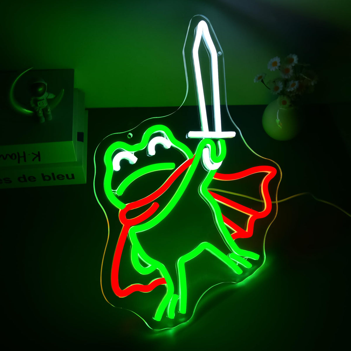 Sword Frog Neon Sign for Wall Decor Dimmable Cartoon Frog LED Neon Light Green+Red