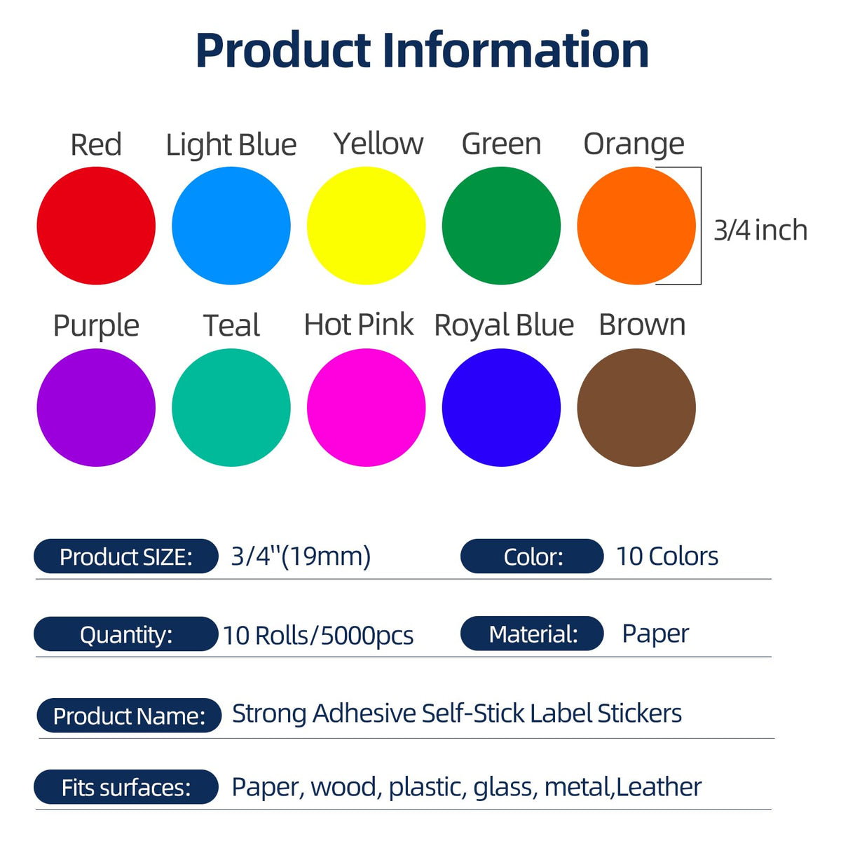 5000 PCS 3/4" Colored Dot Stickers 10 Colors 0.75 inch Circle Stickers 10 Roll/5000pcs
