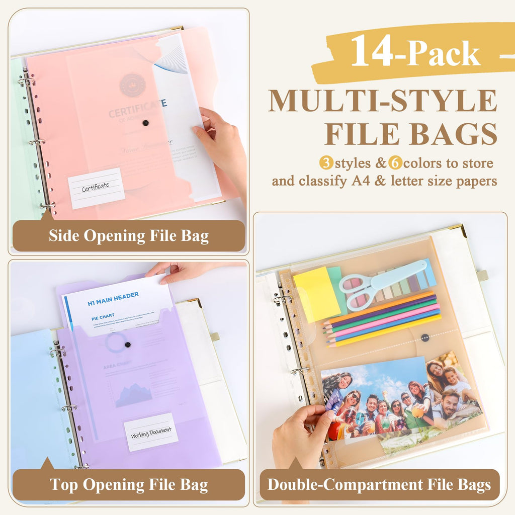 HAUTOCO PU Leather 3-Ring Important Document Organizer Folder Binder Beige