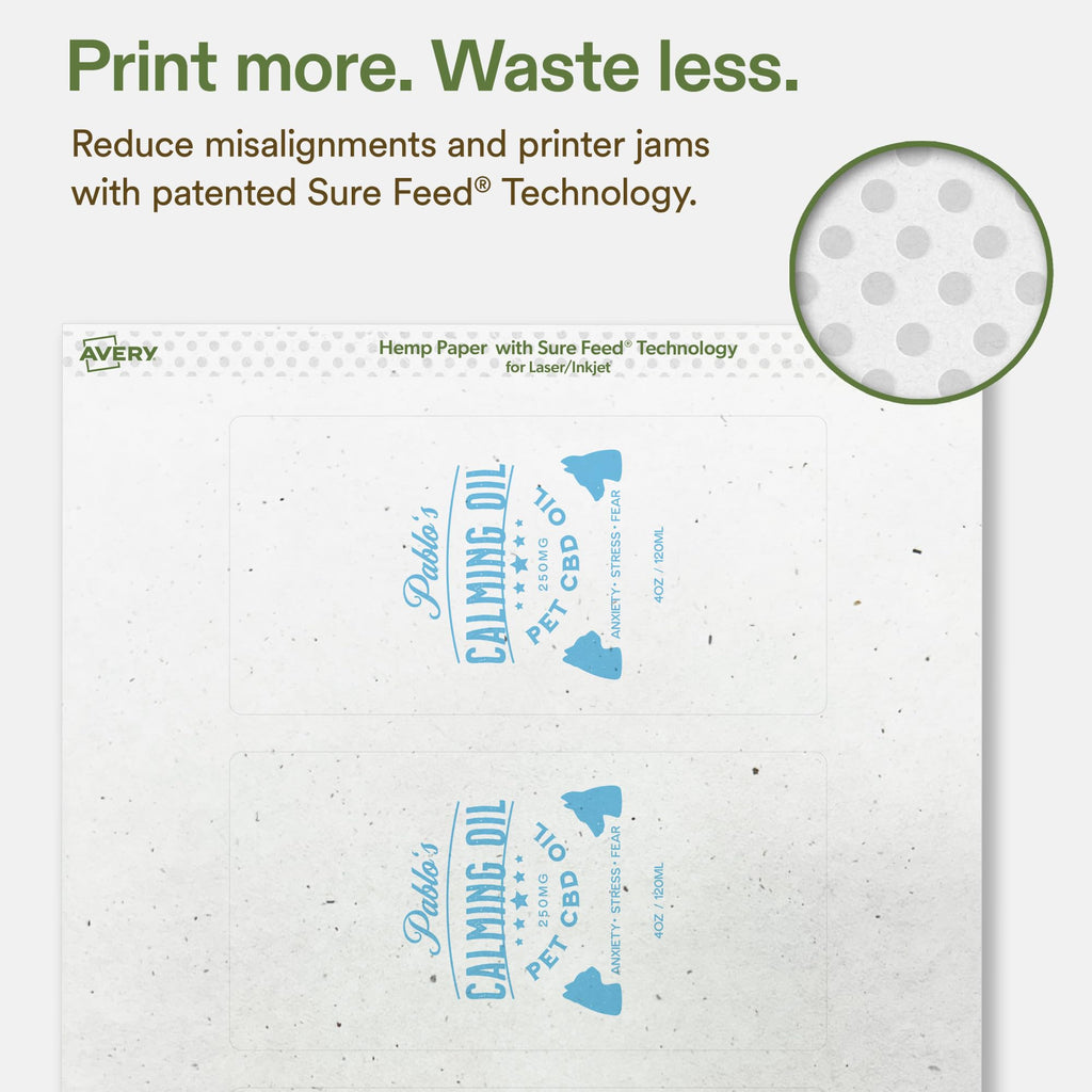 Avery Printable Rectangle Hemp Labels with Sure Feed Technology, 3" x 6", Off-White, Print-to-the-Edge, Laser & Inkjet Compatible, 120 Total, Great for Product Branding, Packaging, and More 120 Labels
