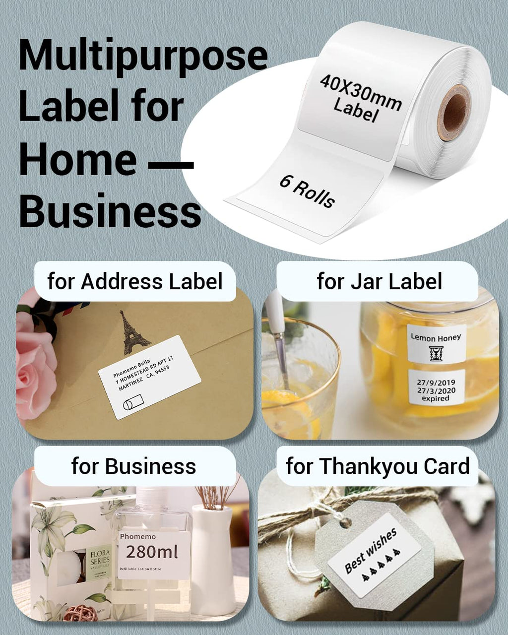 Phomemo 1.57"x1.18"(40x30mm) Label, 6 Rolls M110/M100/M150/M250/M220 Thermal Paper - Multi-Purpose Square Self-Adhesive Label, 230 Labels/Roll, Black on White (Pack of 2)