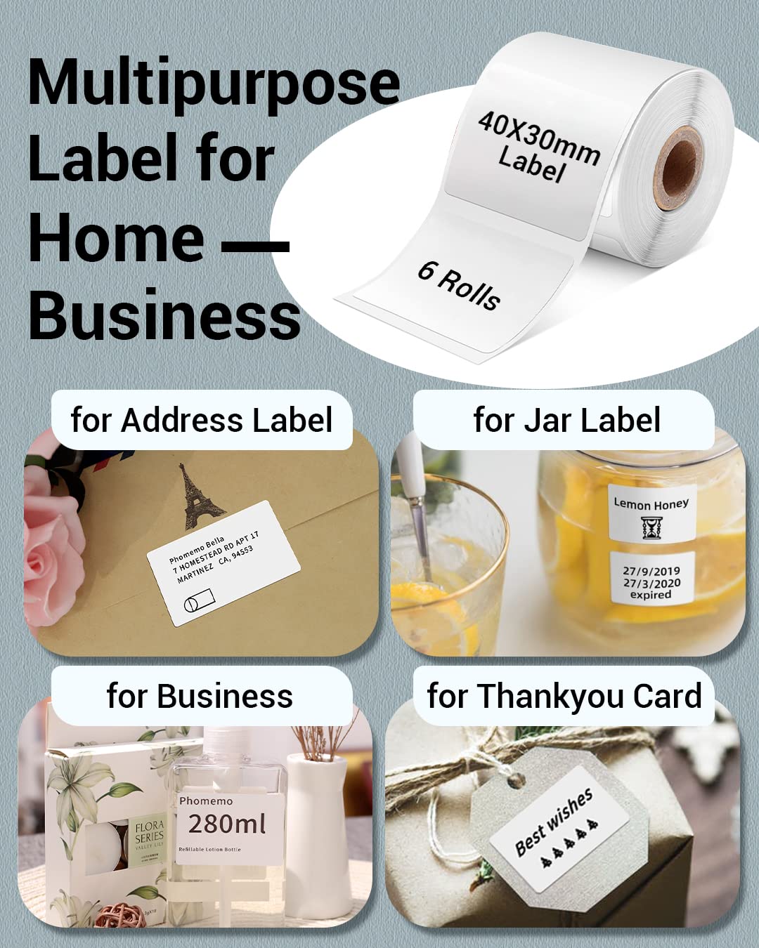 Phomemo 1.57"x1.18"(40x30mm) Label, 6 Rolls M110/M100/M150/M250/M220 Thermal Paper - Multi-Purpose Square Self-Adhesive Label, 230 Labels/Roll, Black on White (Pack of 2)