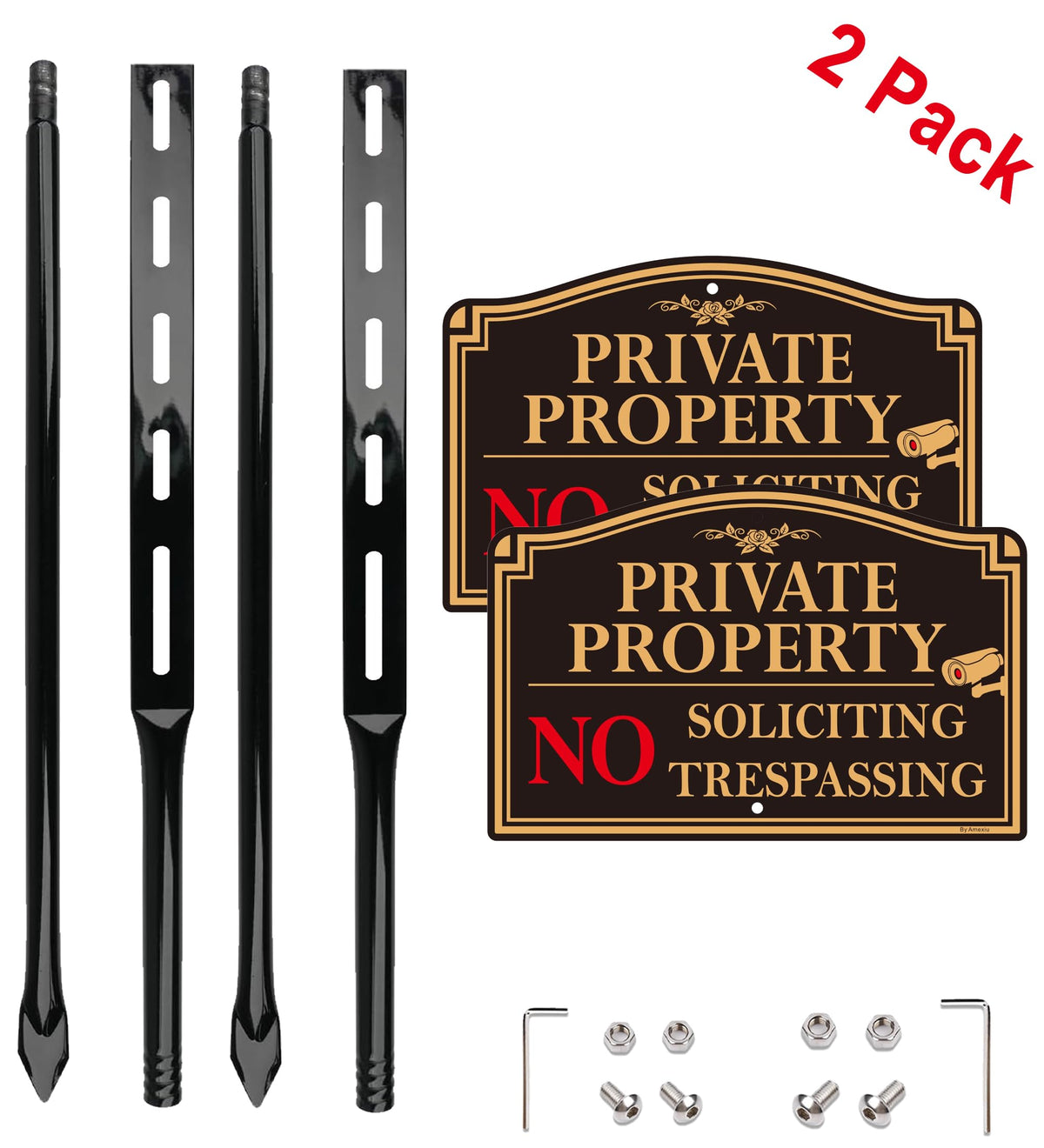 2Pack Private Property No Trespassing Sign with 36" Tall Metal Stake, 12" x 8" No Soliciting Sign Aluminum, Easy Installation, Rust-Free& Fade Resistant 12X8" +36" Stake