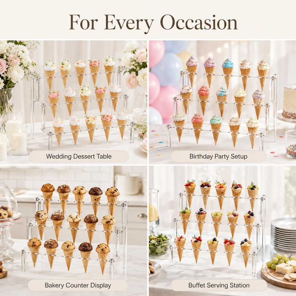 2PCS 4-Tier Acrylic Ice Cream Cone Holder, 24 Holes Cupcake Stand Clear Acrylic Dessert Display Stand, 11.8 x 7.5 in Waffle Cone Rack for Party Wedding Birthday Buffet Dessert Table