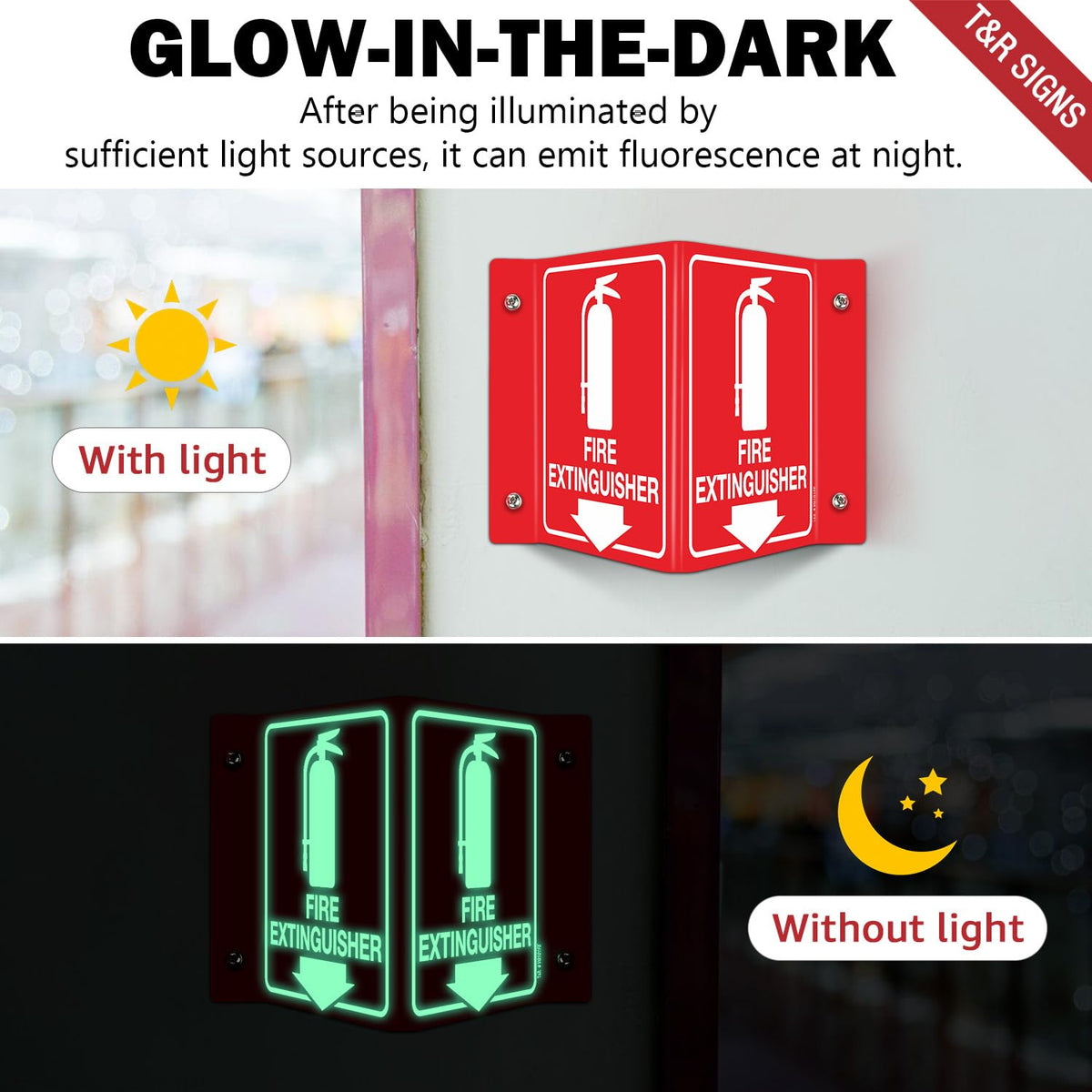 T&R Fire Extinguisher Sign, Fire Extinguisher with Down Arrow - 4 Pack - 8 x 6 Inches Glow-In-The-Dark Acrylic, 4 pre-drilled holes, Includes Matching Screws, Use for Home Office/Business V - 4 Pack - Glow In The Dark