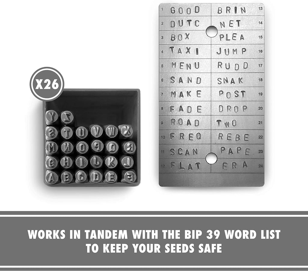 ColdTi titanium Bitcoin seed plates with punch set and seals for secure crypto seed phrase storage, featuring alphabetic punch tools.