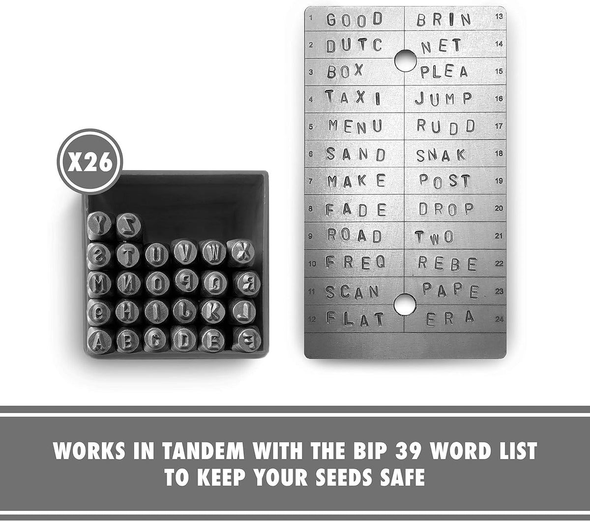 ColdTi titanium Bitcoin seed plates with punch set and seals for secure crypto seed phrase storage, featuring alphabetic punch tools.