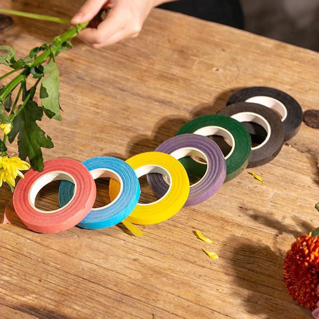 Juland 6 Rolls Floral Tape, 20 Yards Each in Blue/Dark Green/Lemon Yellow/Orange Yellow/Kakhi/Pink, with Stem Wires, Pearl Wristband, Pins & Thread for DIY Silk Flower Arranging