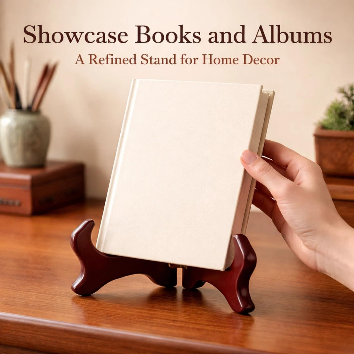 12 Inch Wooden Display Stand Folding Wood Plate Stand Frame, Decorative Plate Holders Stands for Display Pictures, Cookbooks, Birthday, Home, Party, Table Easel Display (Burgundy) Burgundy
