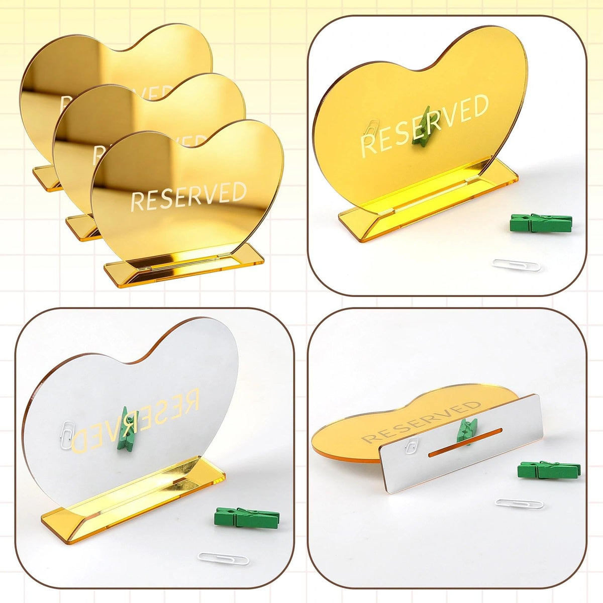 BLMHTWO 3pcs Gold Heart Reserved Table Signs for Wedding Party (3.94*5.5in)