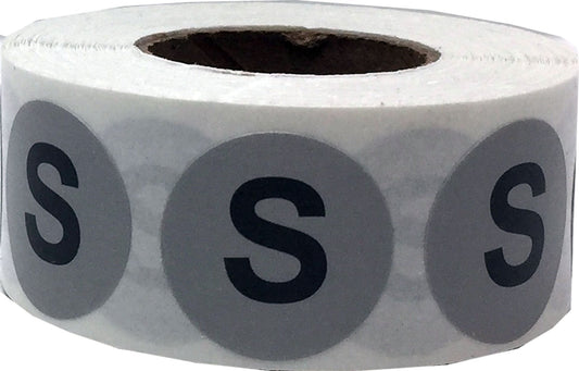 Grey Circle Small S Clothing Size Stickers - 3/4 Inch Round, 500 Semi-Gloss Adhesive Labels Per Roll for Retail Apparel, Clothing Organization, and Inventory - Made in The USA