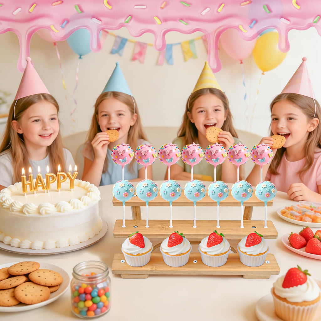 3-Tier Wooden Cake Pop Stand with 21 Holes, 100pcs Cakepop Bags Sticks Ties