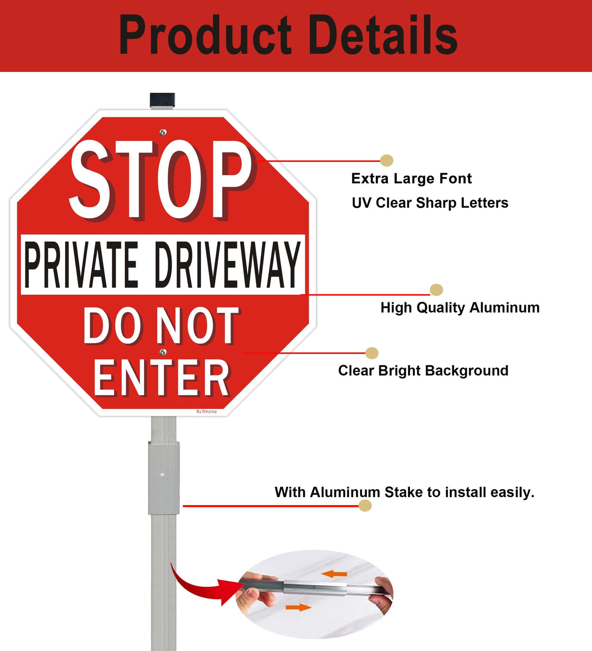 Private Driveway Stop Sign with 36" Metal Stake, 12x12 Inches Do Not Enter Sign, Reflective Fade-Free Aluminum, 2 Pack 12 x 12“ - 2 Pack with stake