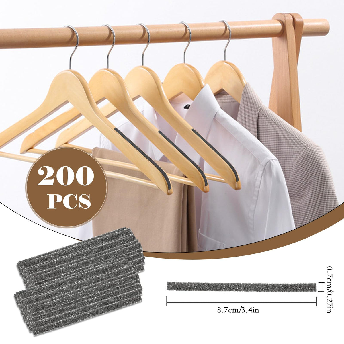 200Pcs Foam Strips with Adhesive for Clothes Hangers, Non-Slip Foam Tape Hanger Grips Self Sticking Self-Adhesive Foam Strips (3.4 X 0.27 in) 3.4 X 0.27 in