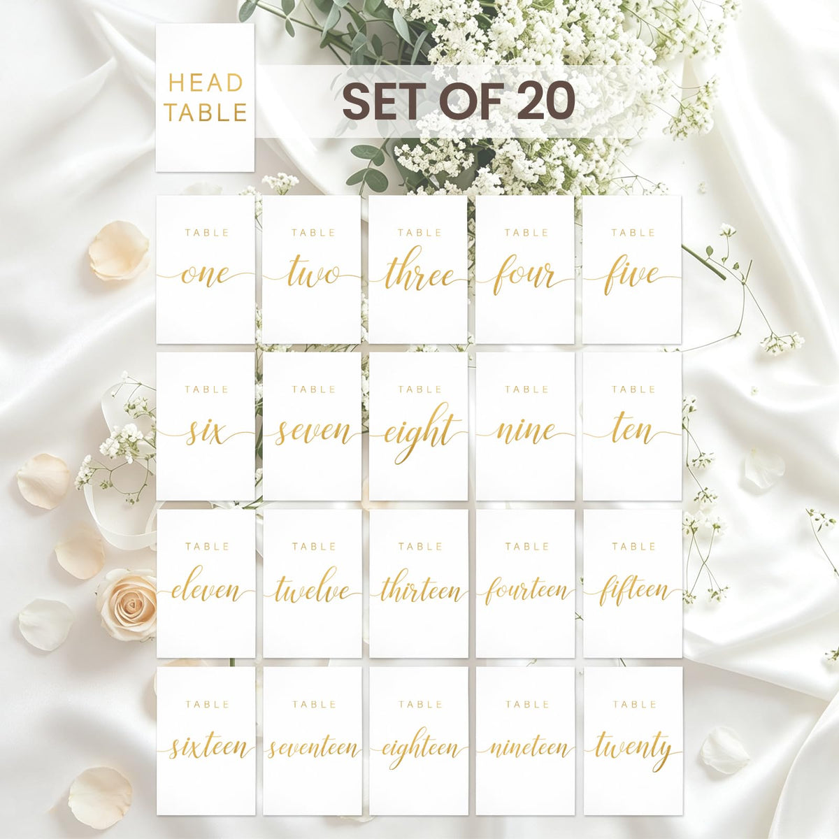 Elegant Gold Wedding Table Numbers 1-20 with Head Table, White Art Paper