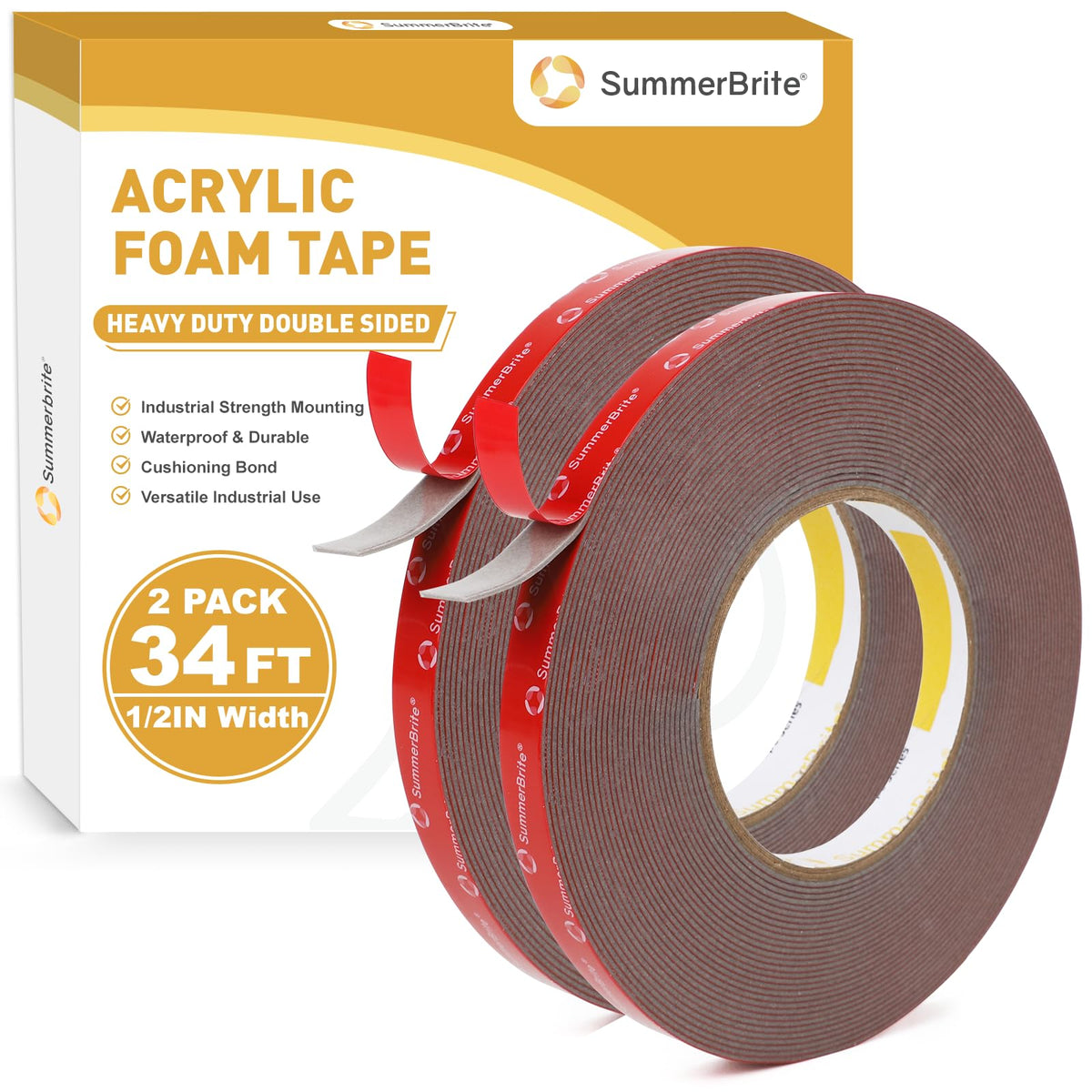 Summerbrite Heavy Duty Double Sided Foam Tape, 1/2 Inch x 34 Ft (2 Rolls, 68 Ft Total), 0.05 Inch Thick Industrial Grade Waterproof Mounting Tape for Automotive, LED Strip Lights, Home & Office 0.5INX34FT 2 Pack