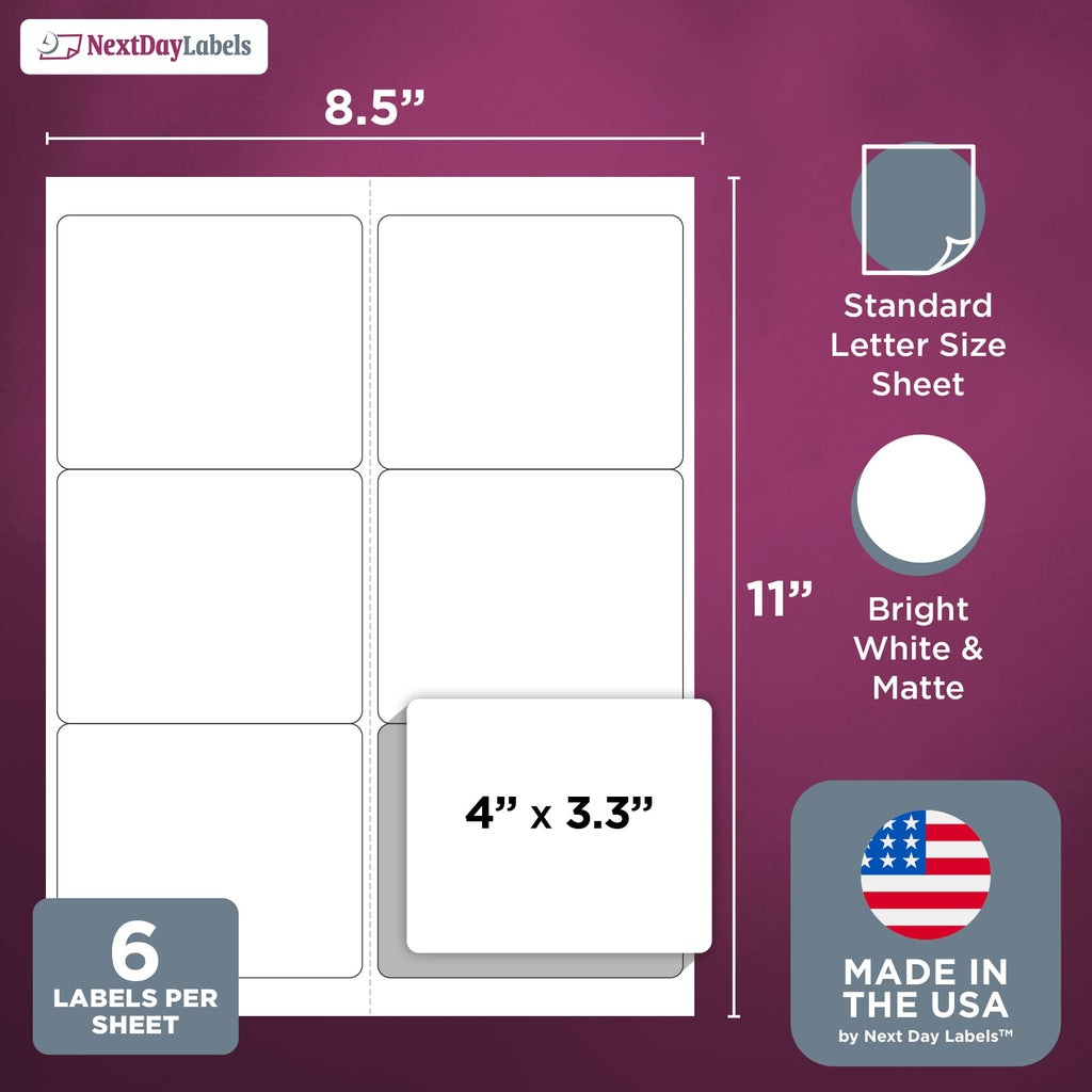 NextDayLabels 4" x 3-1/3" Rectangle - 6 Per Sheet - 300 Labels 4" x 3-1/3" - 6 Per Page 50 Sheets